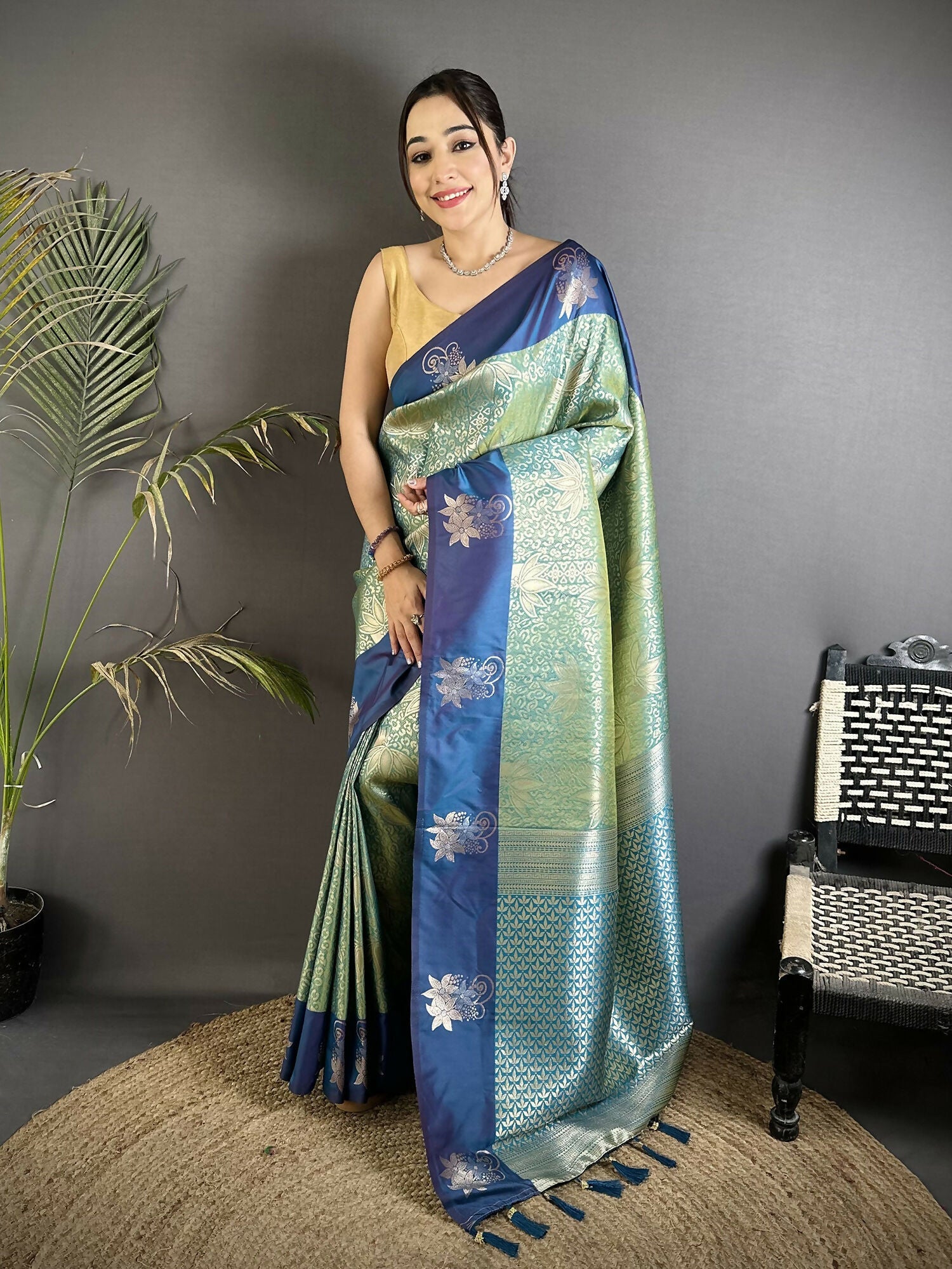 Pista Green Soft Silk Dharmavaram Saree with intricate gold zari weaving and matching blouse