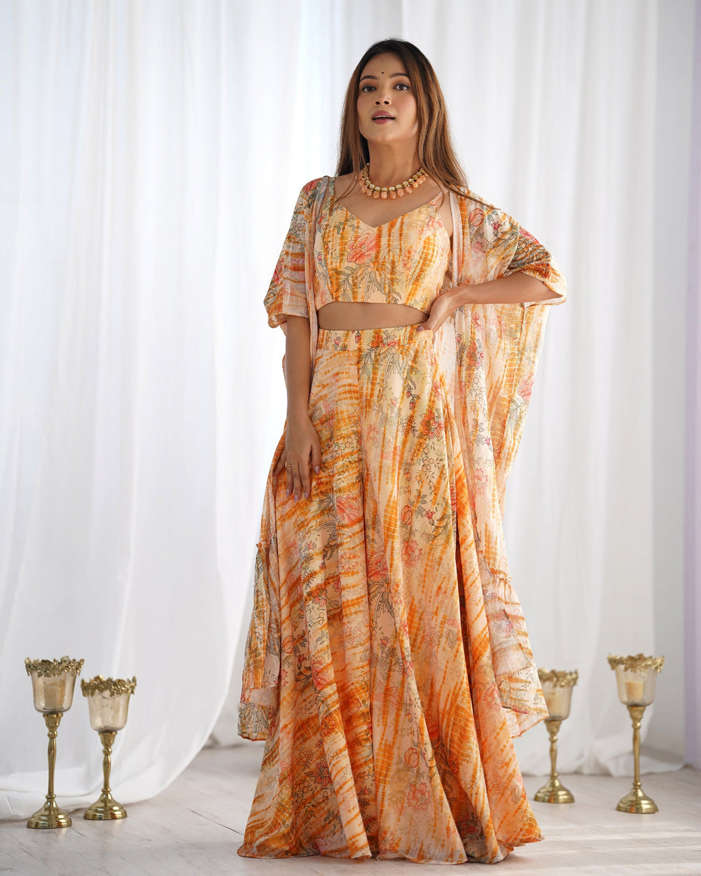 Floral printed faux georgette shrug blouse with palazzo pants