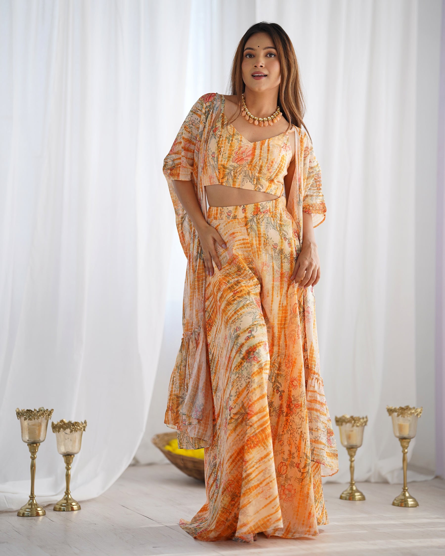 Floral Printed Shrug Blouse and Palazzo Set in Faux Georgette