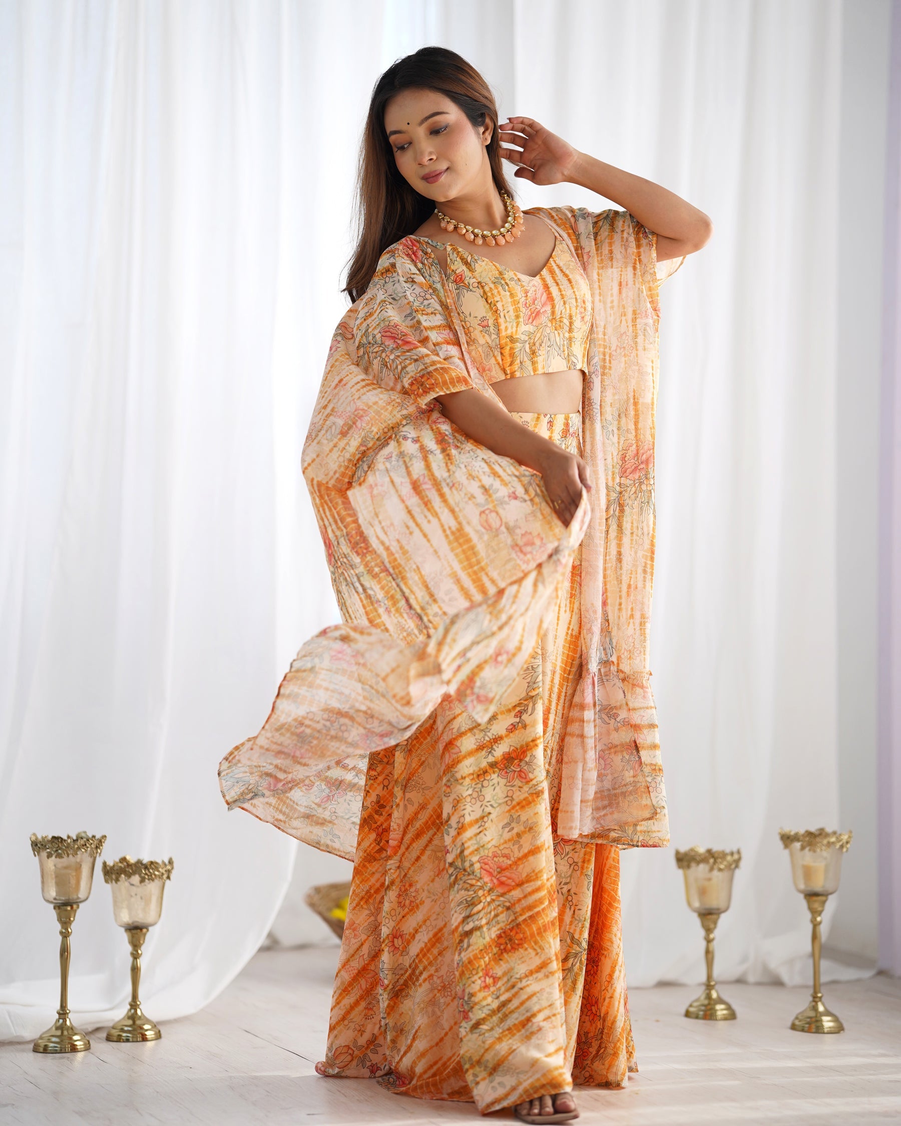 Floral Printed Shrug Blouse and Palazzo Set in Faux Georgette