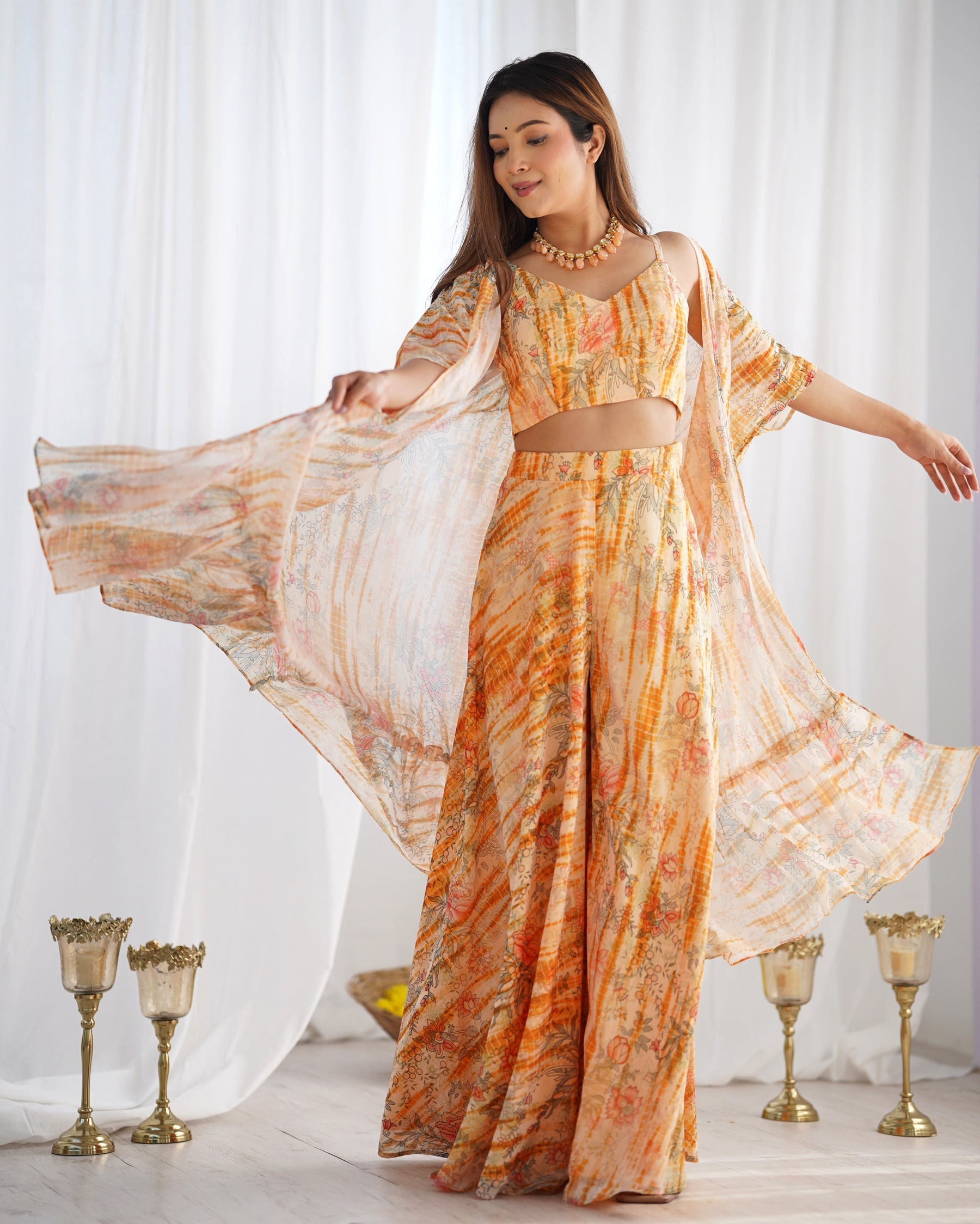 Floral Printed Shrug Blouse and Palazzo Set in Faux Georgette