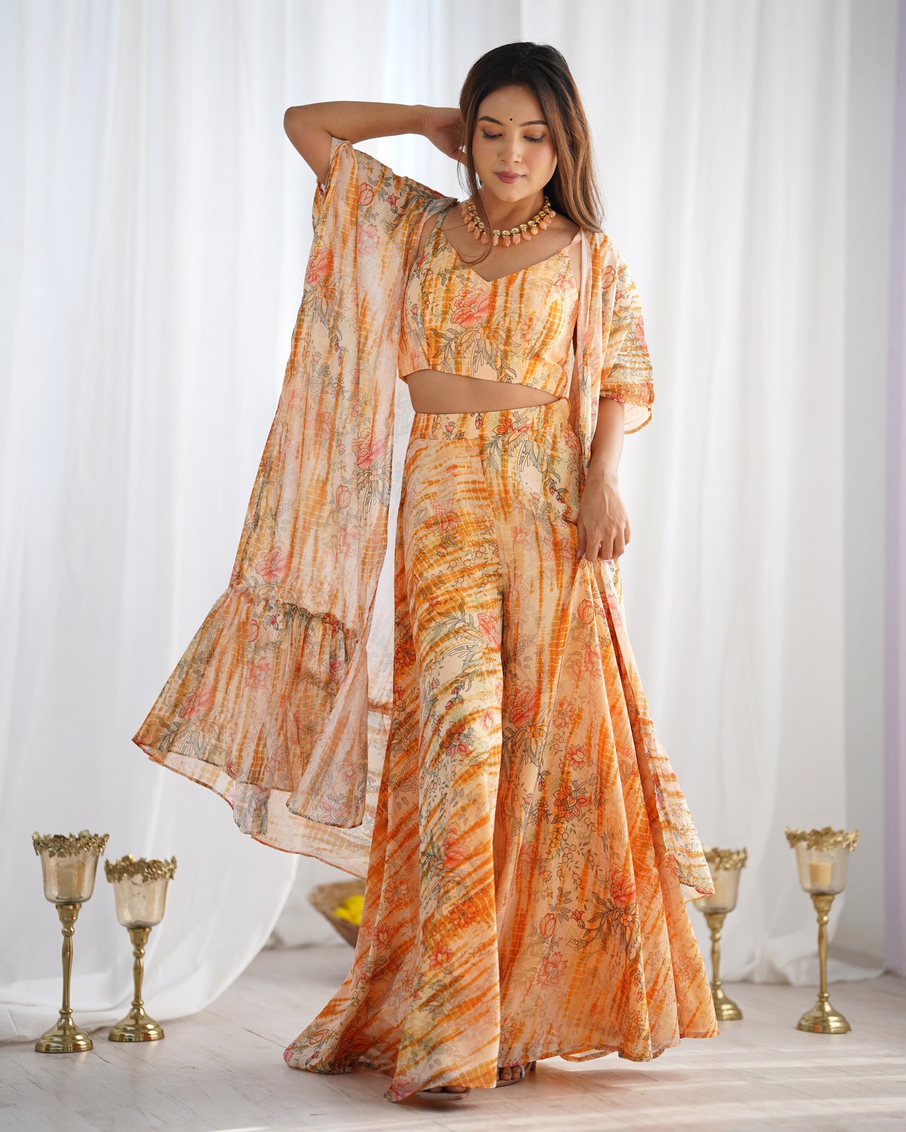 Floral Printed Shrug Blouse and Palazzo Set in Faux Georgette