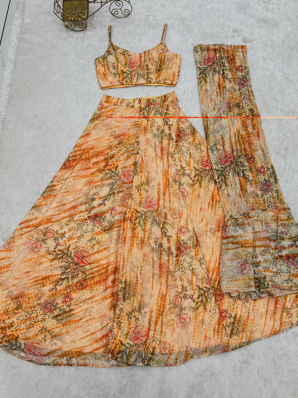 Floral Printed Shrug Blouse and Palazzo Set in Faux Georgette