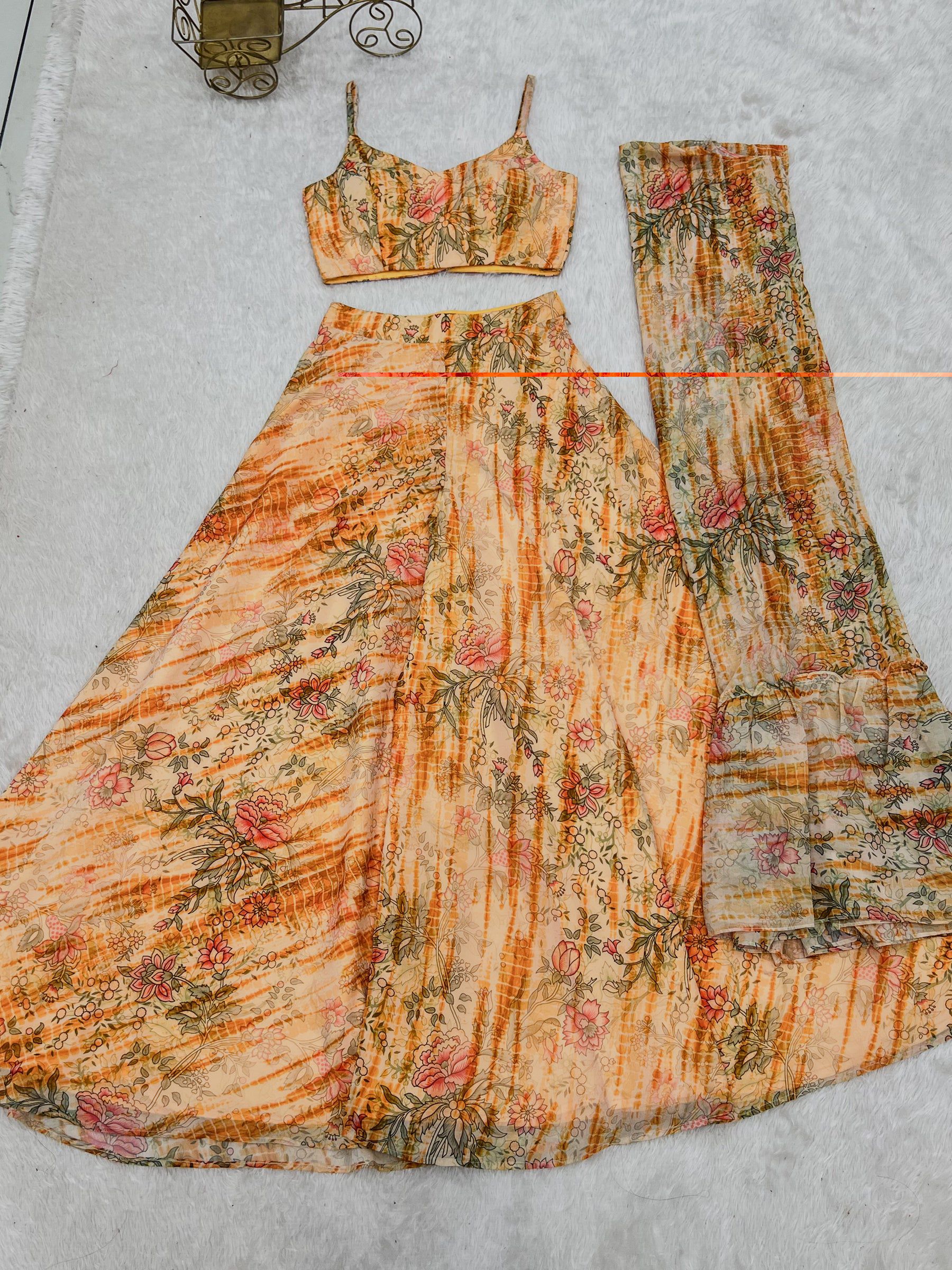 Floral Printed Shrug Blouse and Palazzo Set in Faux Georgette