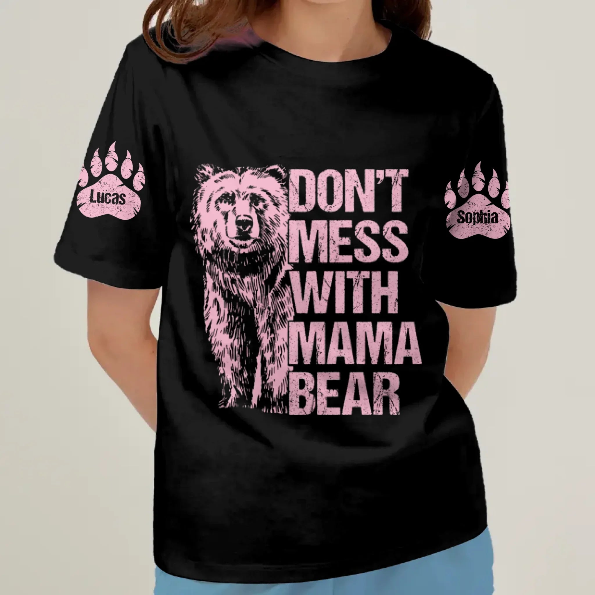 Personalized Bear AOP T-shirt - Gift Idea For Mom/Mother's Day with up to 2 Kids - Don't Mess With Mama Bear