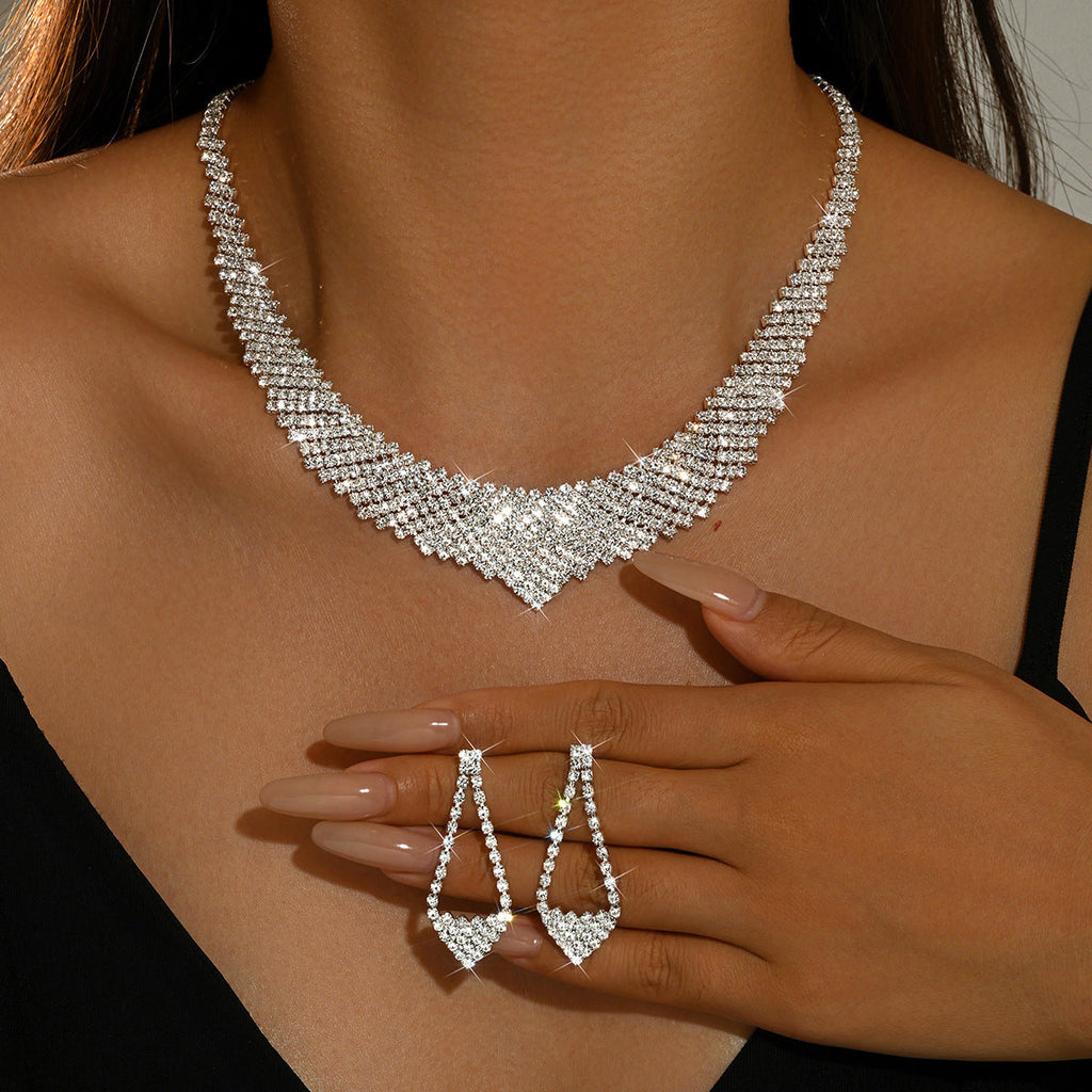 Womens Glamorous Bridal 2 Pcs Rhinestone Set,Gold Tone V Shape Necklace And Hollow Diamond Shape Dangle Earrings For Wedding Party Wear