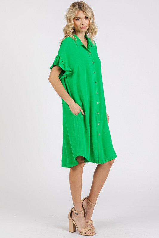 Button Down Midi Dress with Flounce Sleeves and Pockets