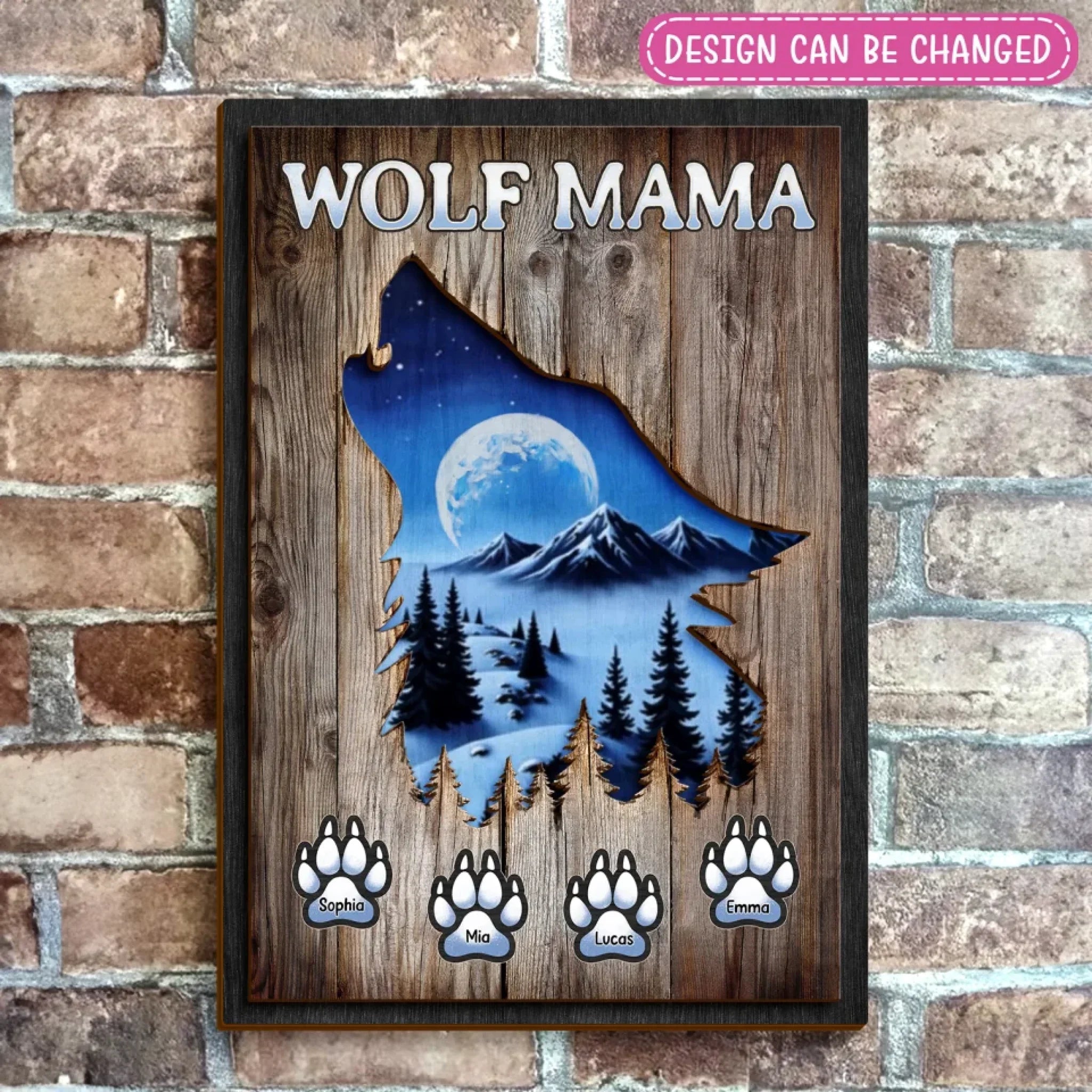 Personalized Wolf Mama Wooden Art - Mother's Day/Birthday Gift Idea For Mom - Up to 6 Kids