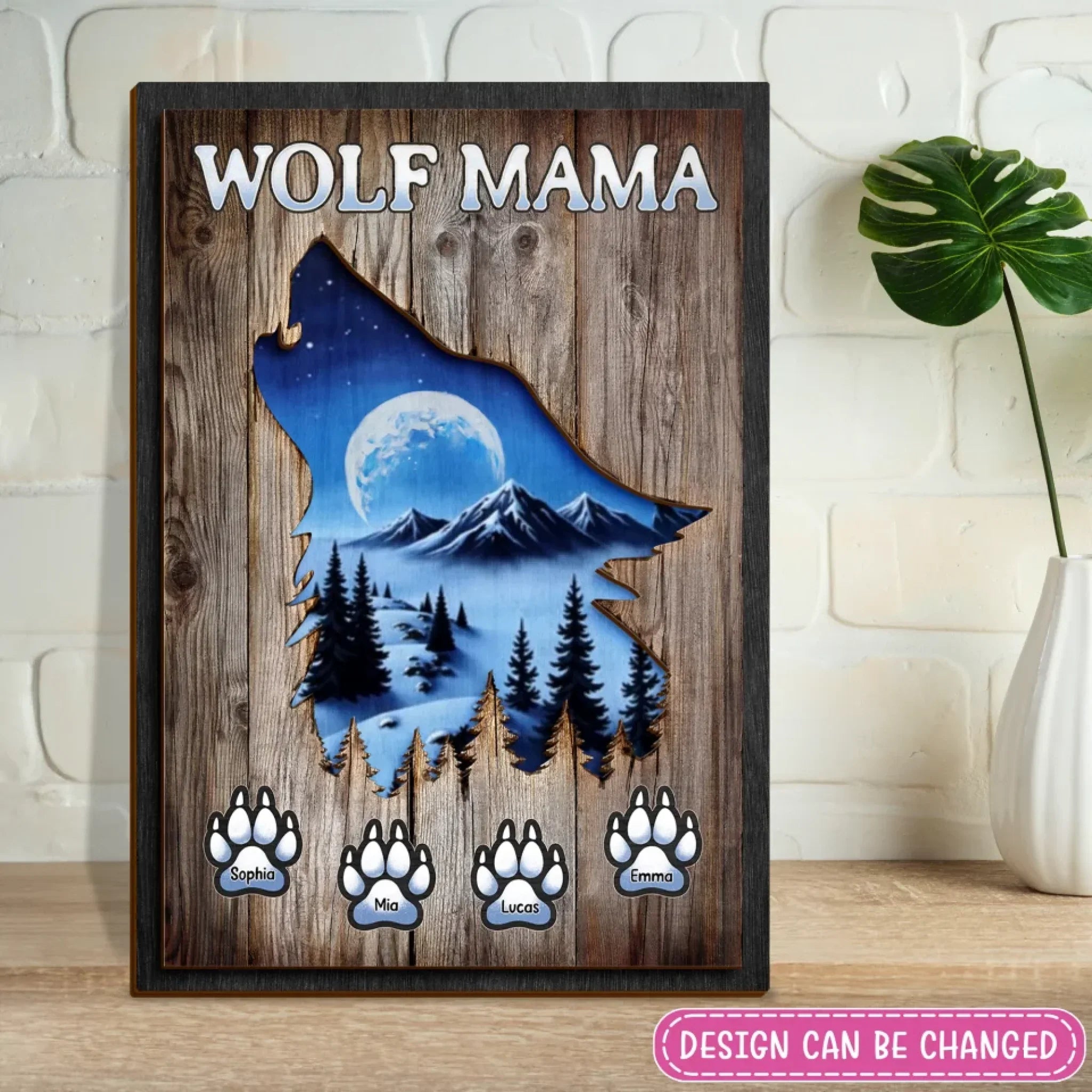 Personalized Wolf Mama Wooden Art - Mother's Day/Birthday Gift Idea For Mom - Up to 6 Kids
