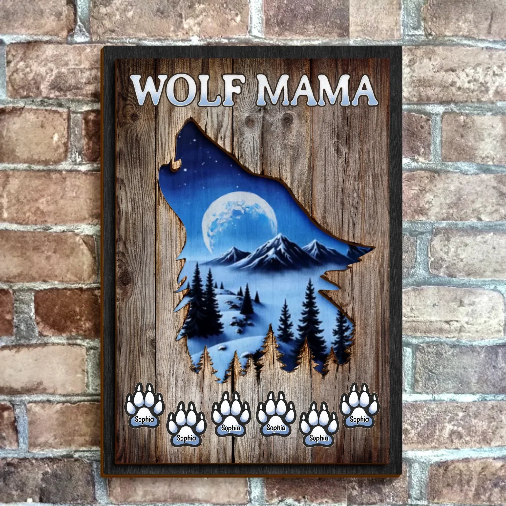 Personalized Wolf Mama Wooden Art - Mother's Day/Birthday Gift Idea For Mom - Up to 6 Kids