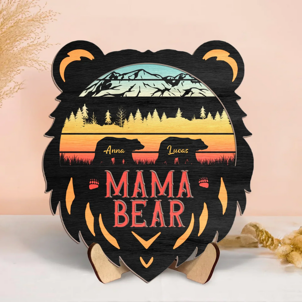Personalized Mama Bear Wooden Art - Mother's Day/Birthday Gift For Mom/Grandma - Up to 5 Kids