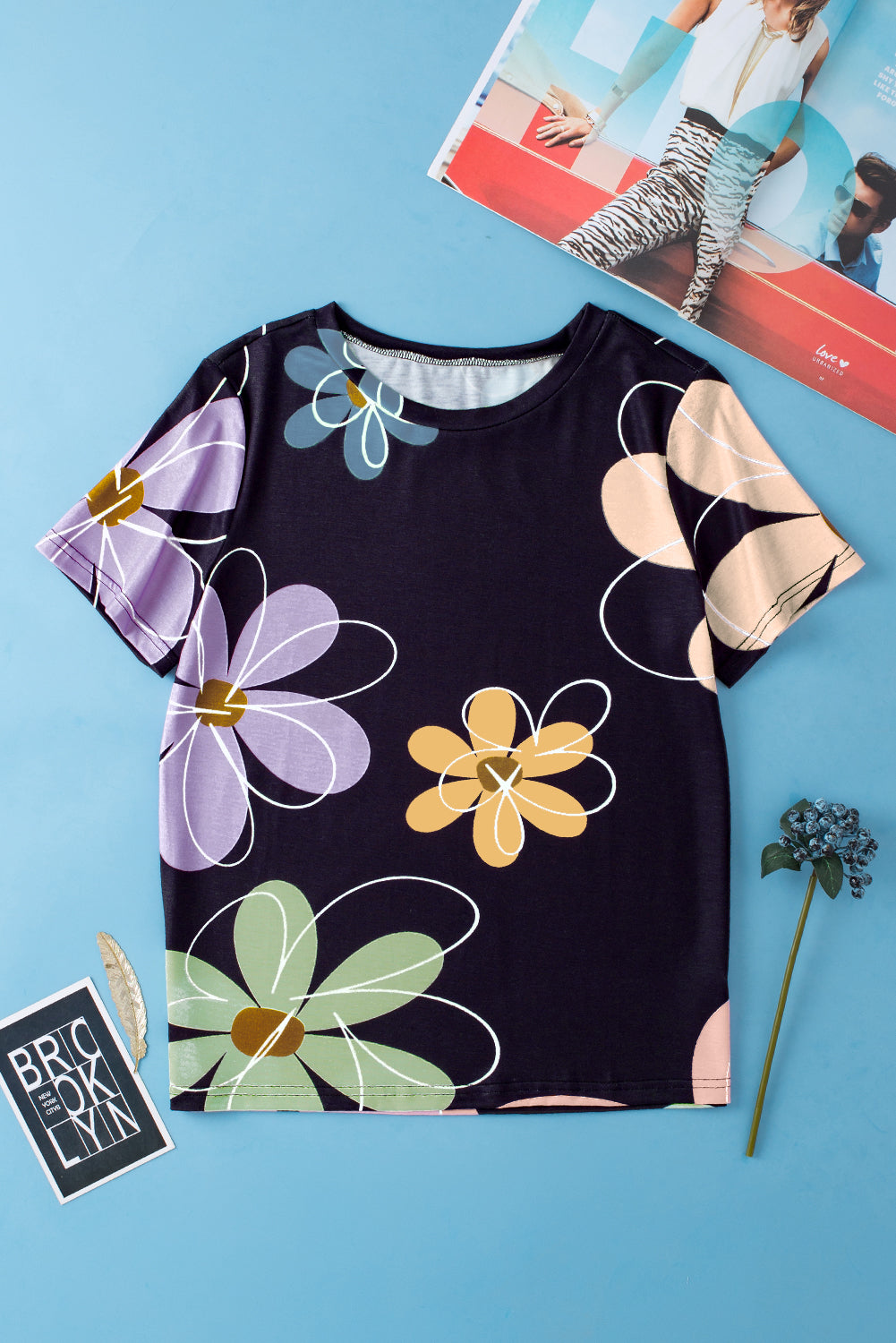 Black Summer Flower Print Casual Round Neck T-Shirt