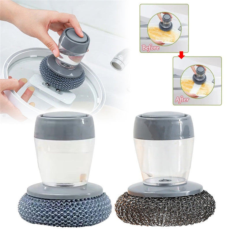 Soap dispensing palm brush for kitchen dishes