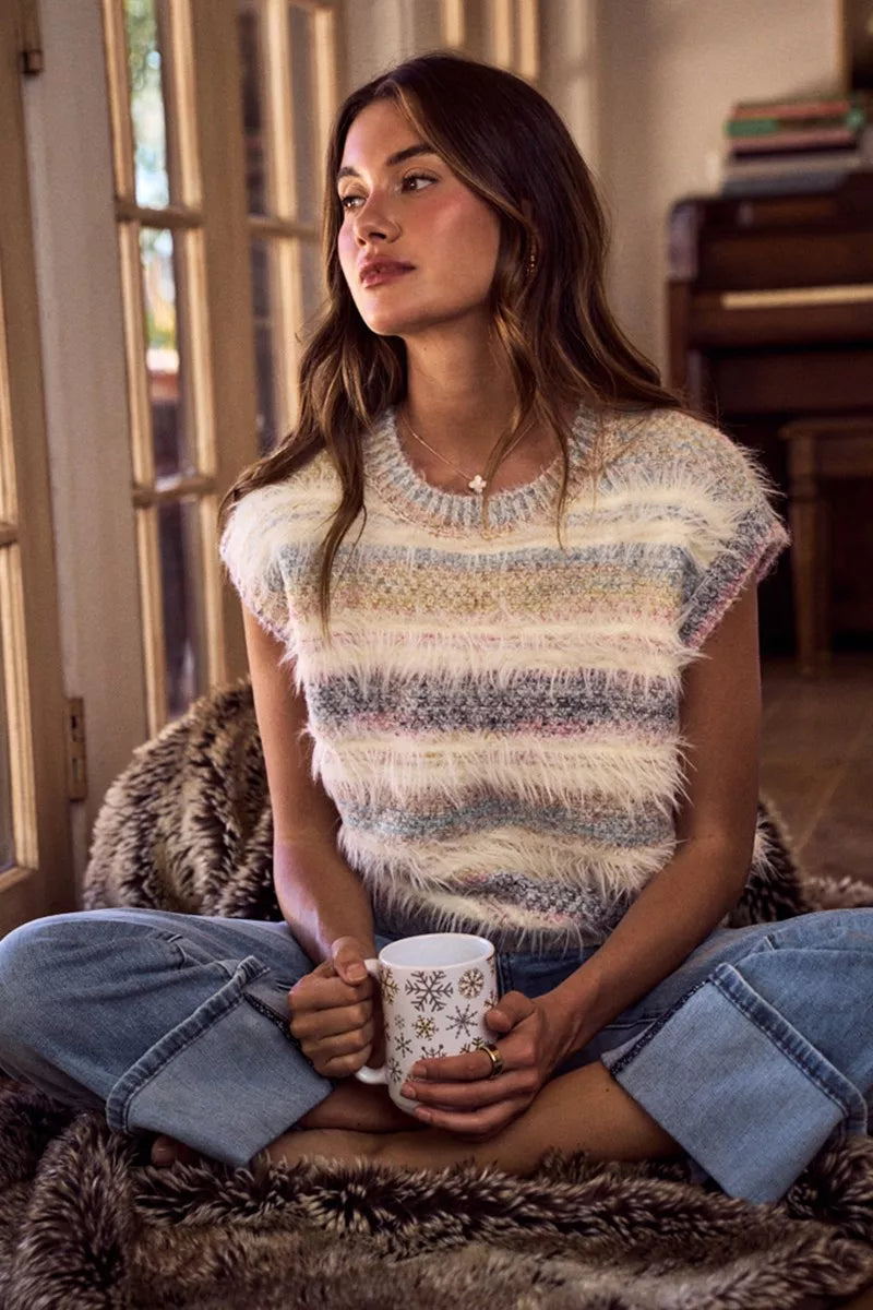 Soft Fuzzy Multi-Color Stripe Cozy Sweater Top