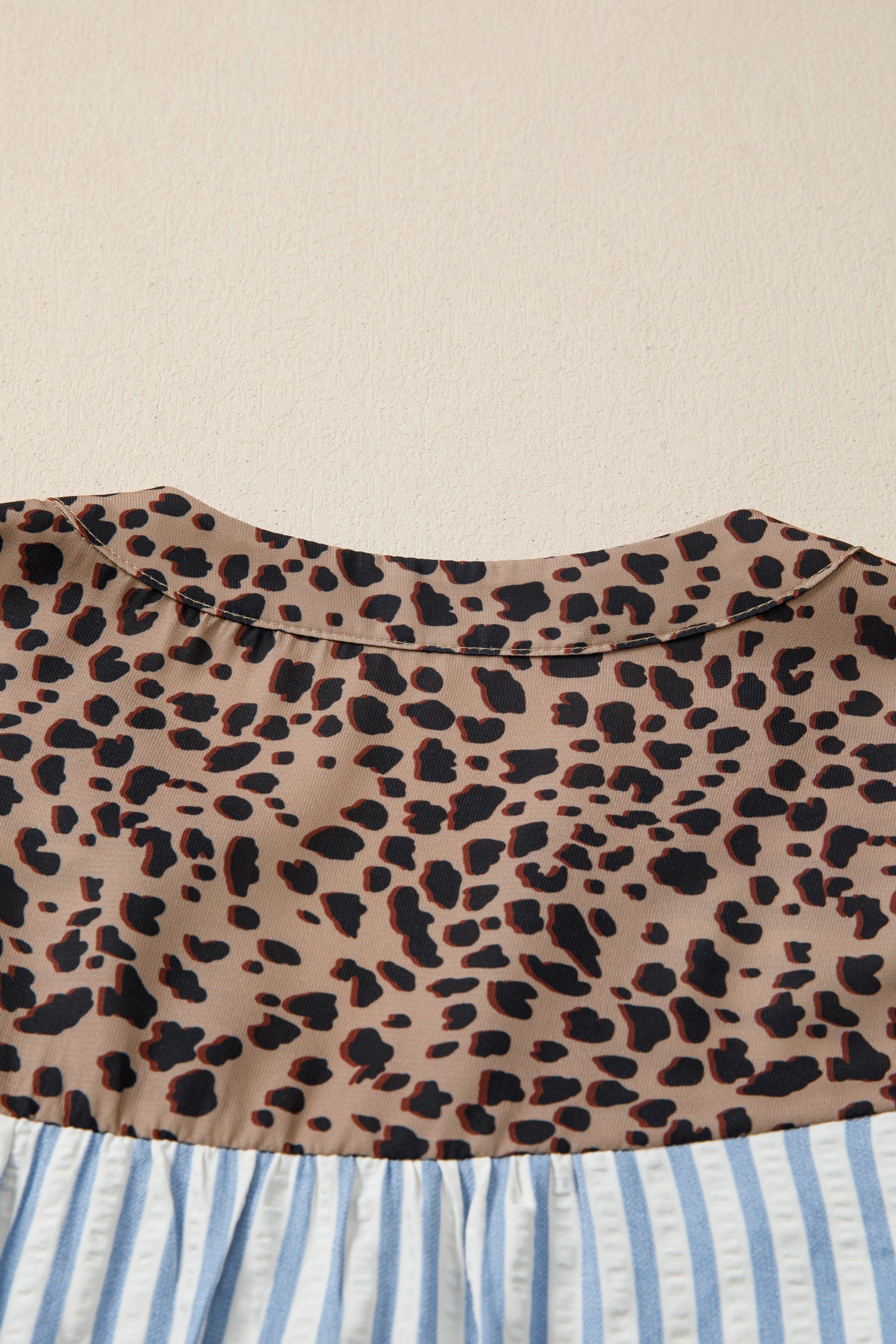 Stripe Leopard Trim V-Neck Buttoned Short Sleeve Shirt
