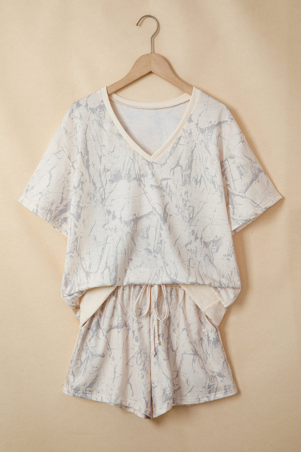 Camo V-Neck Loose Tee and Drawstring Shorts Loungewear Set