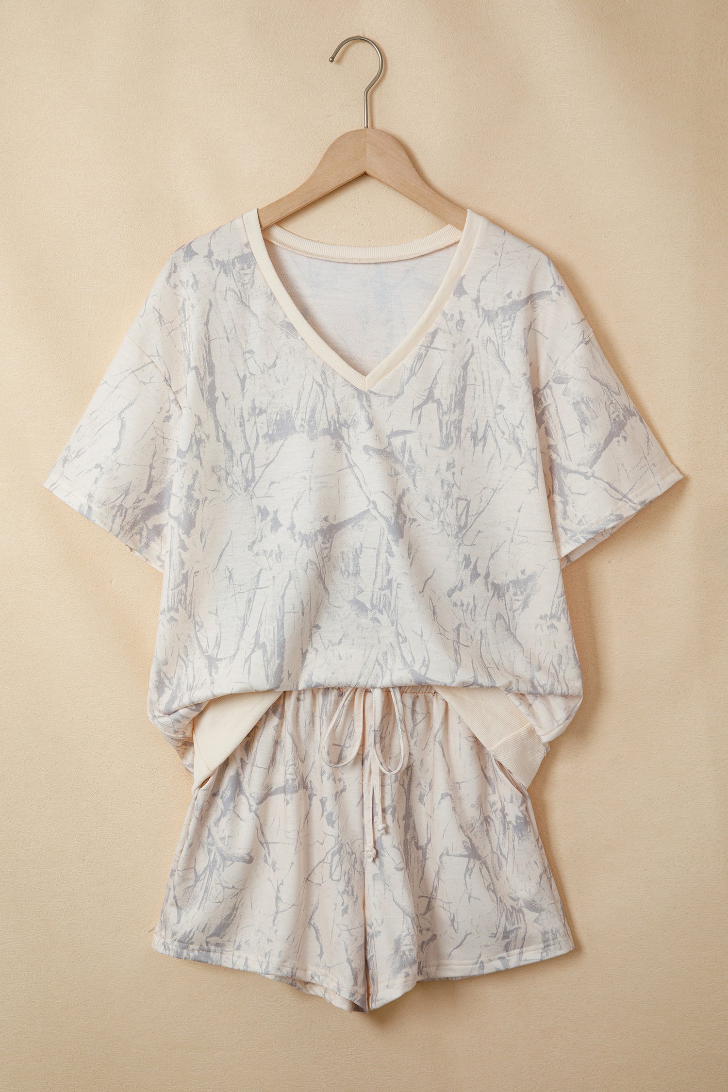 Camo V-Neck Loose Tee and Drawstring Shorts Loungewear Set