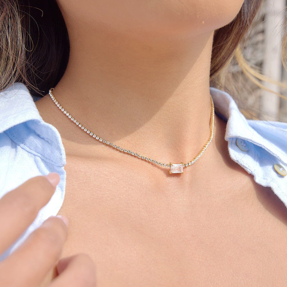 Polished Stainless Steel Zircon Cross Pendant Necklace