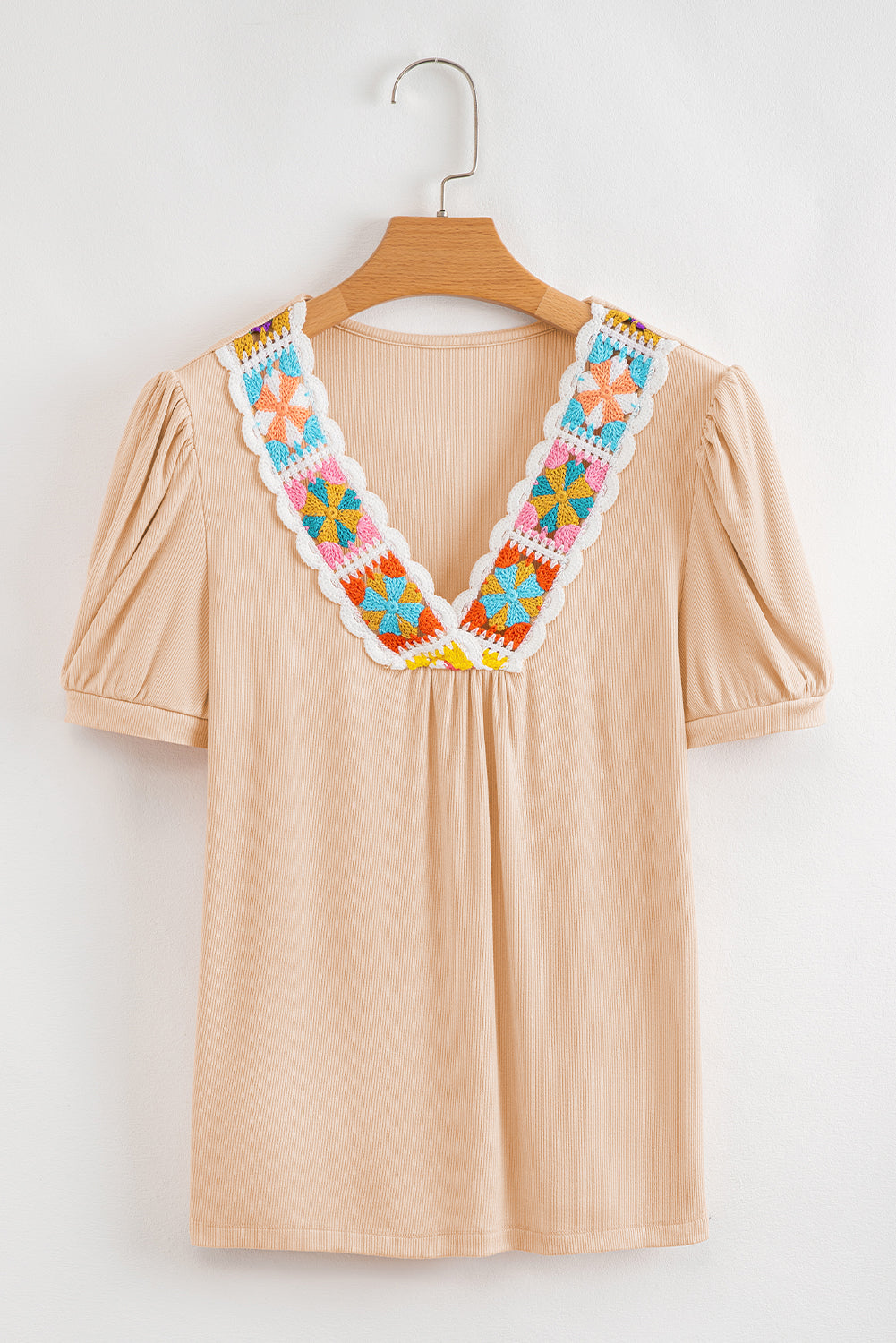 Marianna Textured V-Neck Blouse with Crochet Floral Detailing