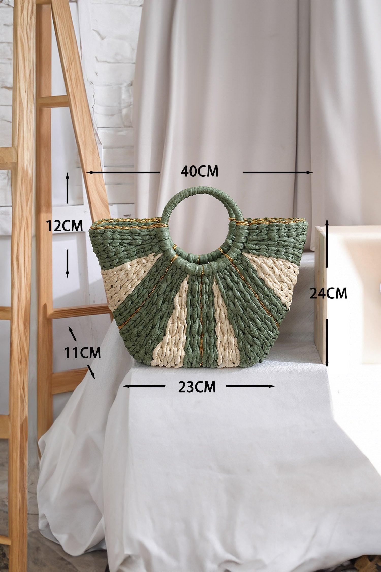 Rachel Handwoven Straw Tote Bag in Sage Green and Cream Stripe
