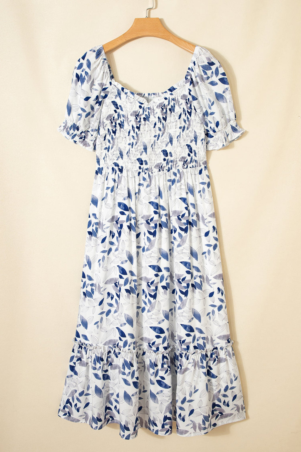 Sky Blue Smocked Bodice Puff Sleeve Floral Midi Dress