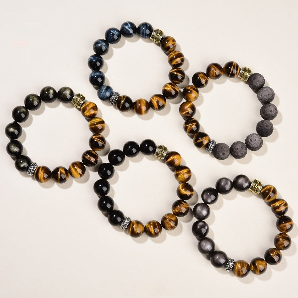 Natural Tigers Eye and Obsidian Beaded Collectors Bracelet 14mm