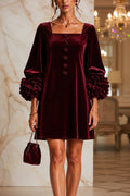 Velvet Mini Dress | Square Neck | 3D Floral Cuff Balloon Sleeve