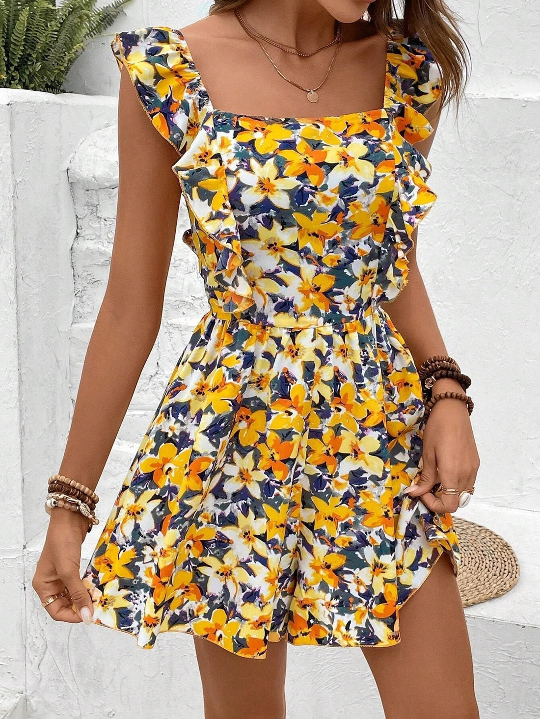 Women's Sleeveless Square Neck Floral Printed Summer Romper - Image 9