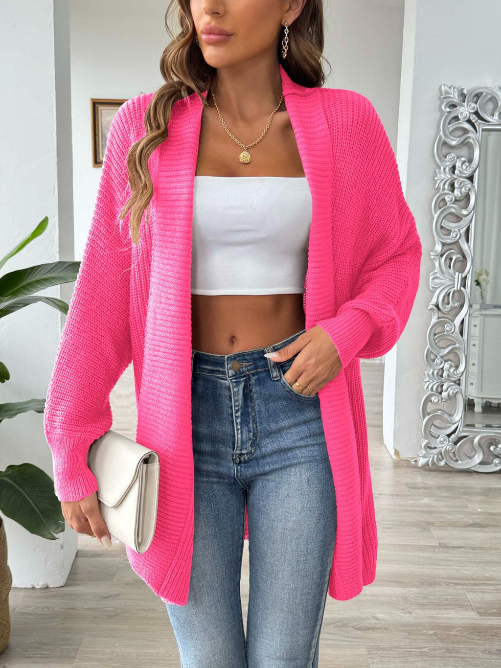Women's Long Sleeve Open Front Ribbed Knit Cardigan in Rust - Image 12