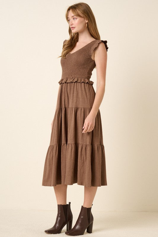 Smocked Ruffled Tiered Midi Dress - Boho Chic Brown Dress