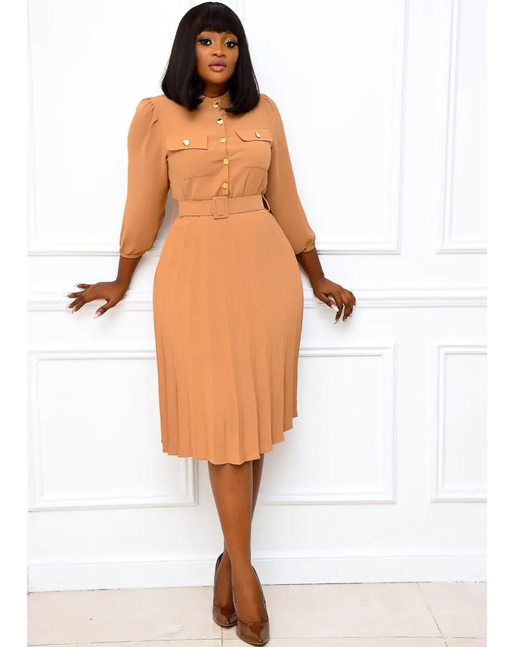 Women's Khaki Midi Dress with Stand Collar