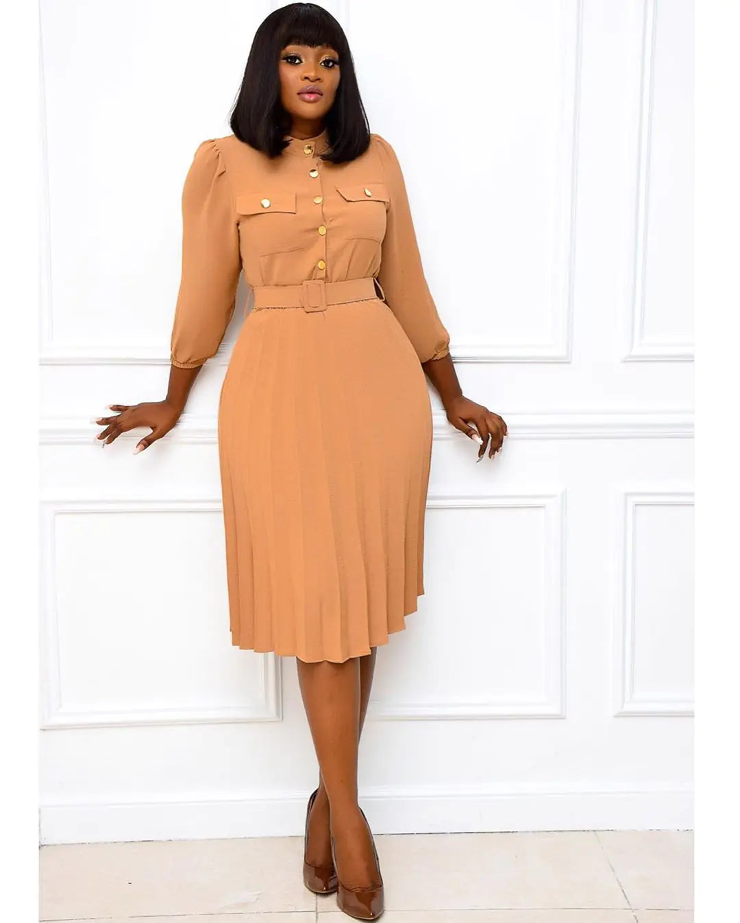 Women's Khaki Midi Dress with Stand Collar