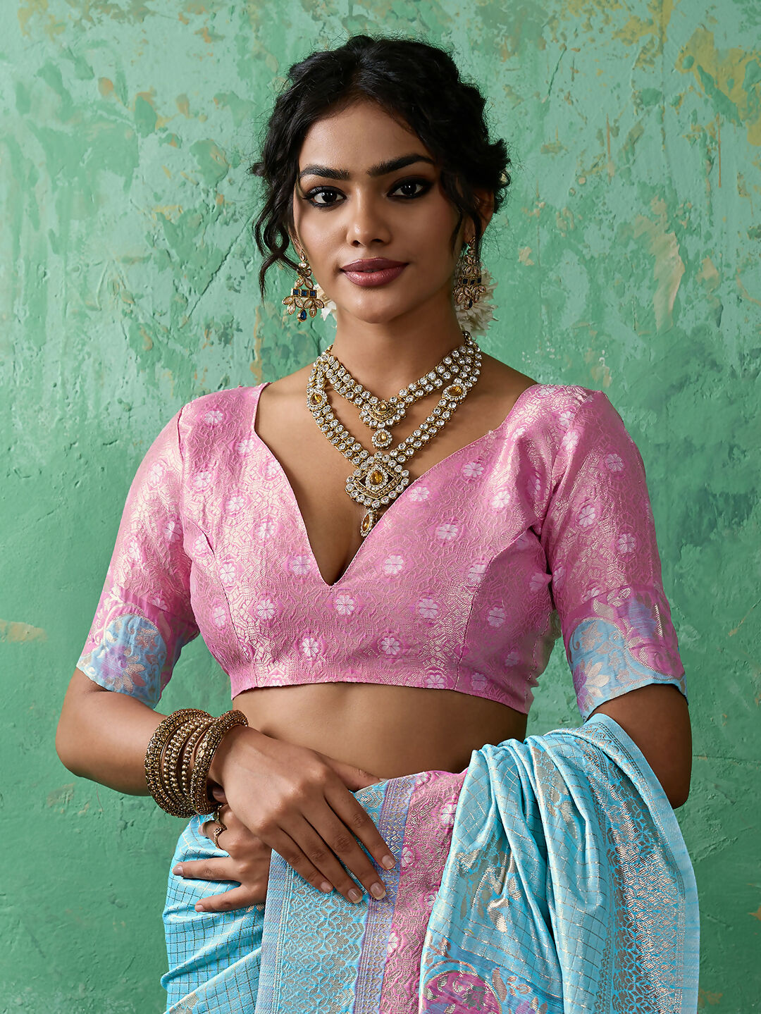 Sky Blue Linen Cotton Saree with Matching Blouse
