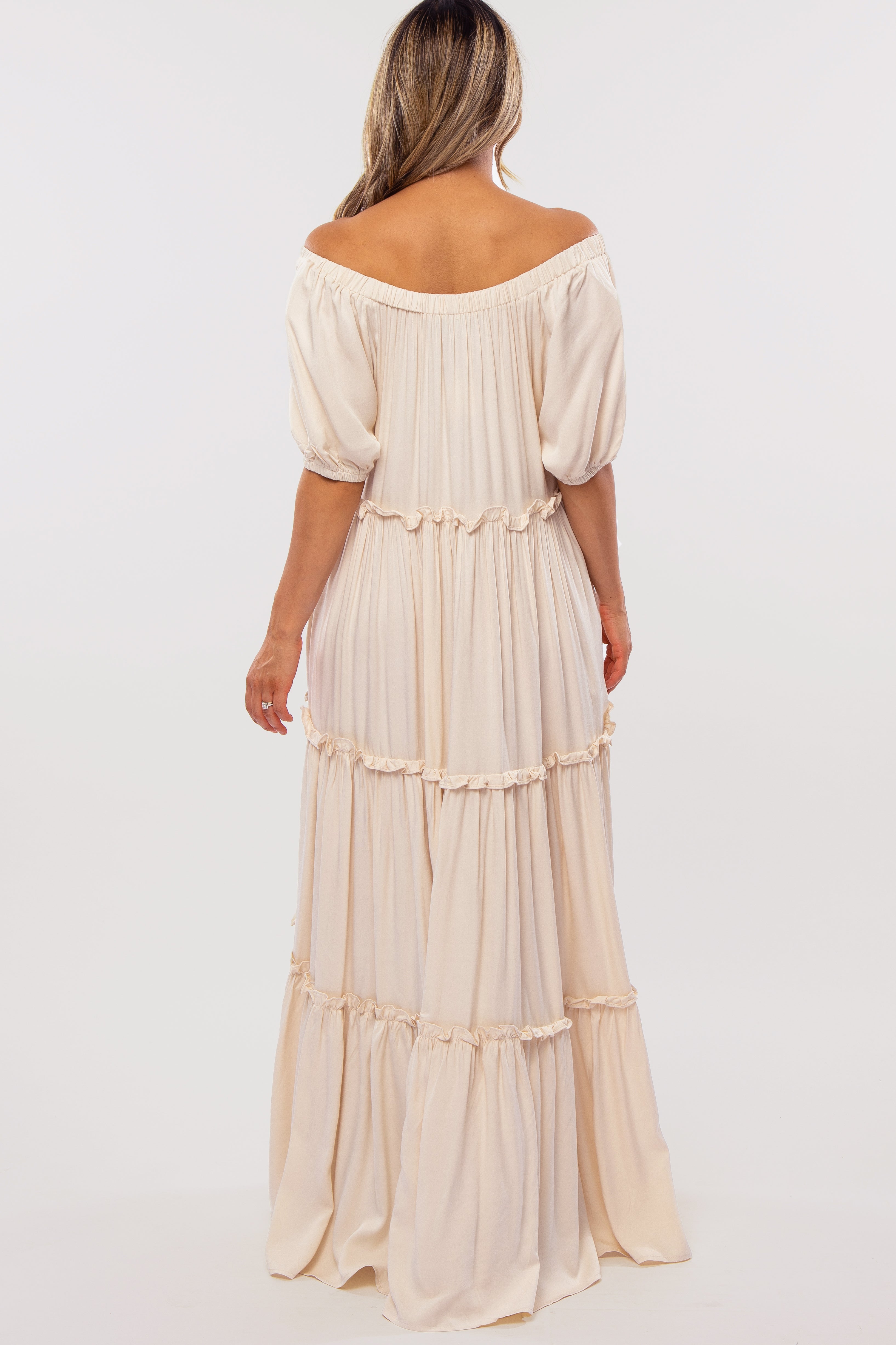 Cream Off Shoulder Ruffle Tiered Maxi Dress