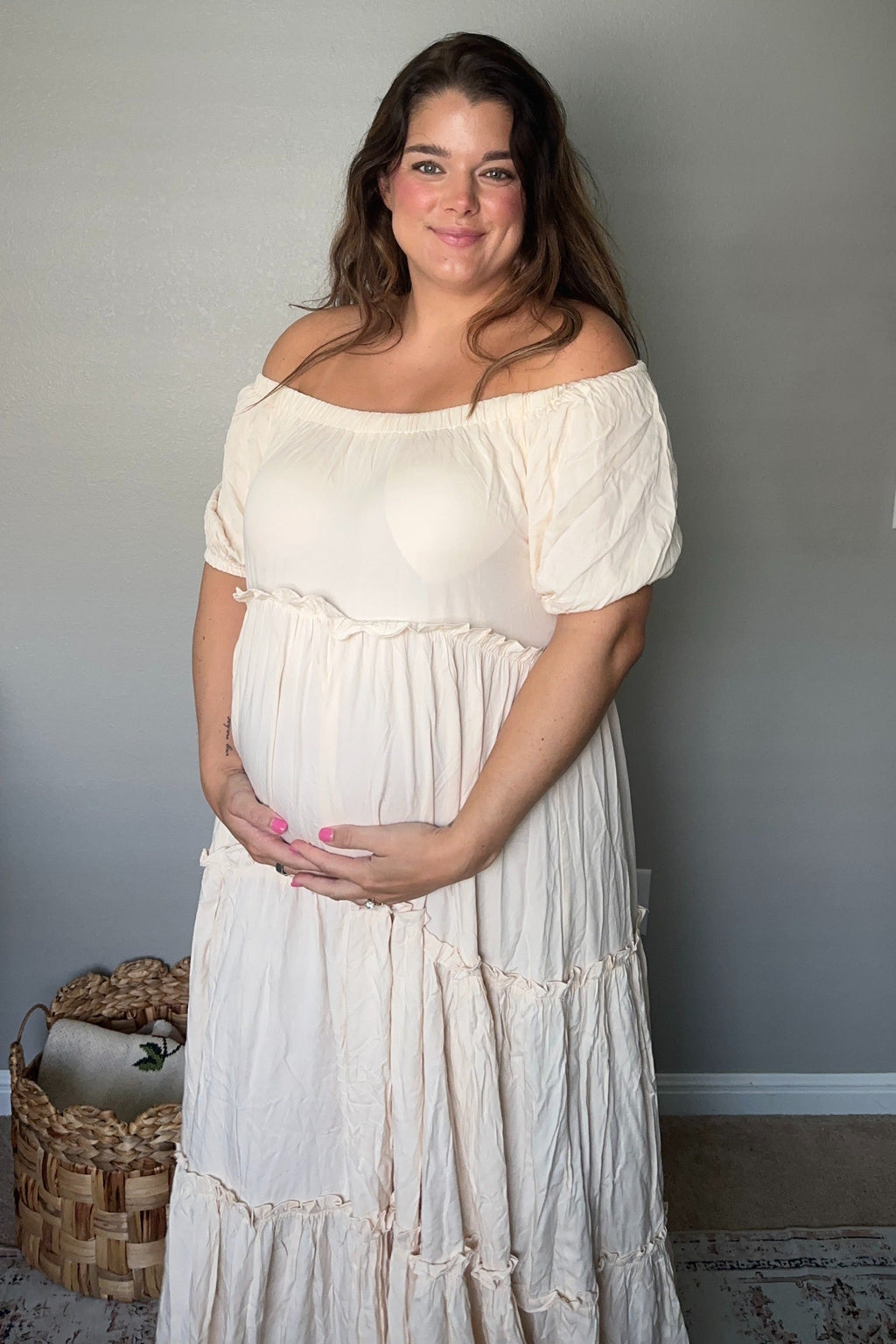 Cream Off Shoulder Ruffle Tiered Maternity Maxi Dress