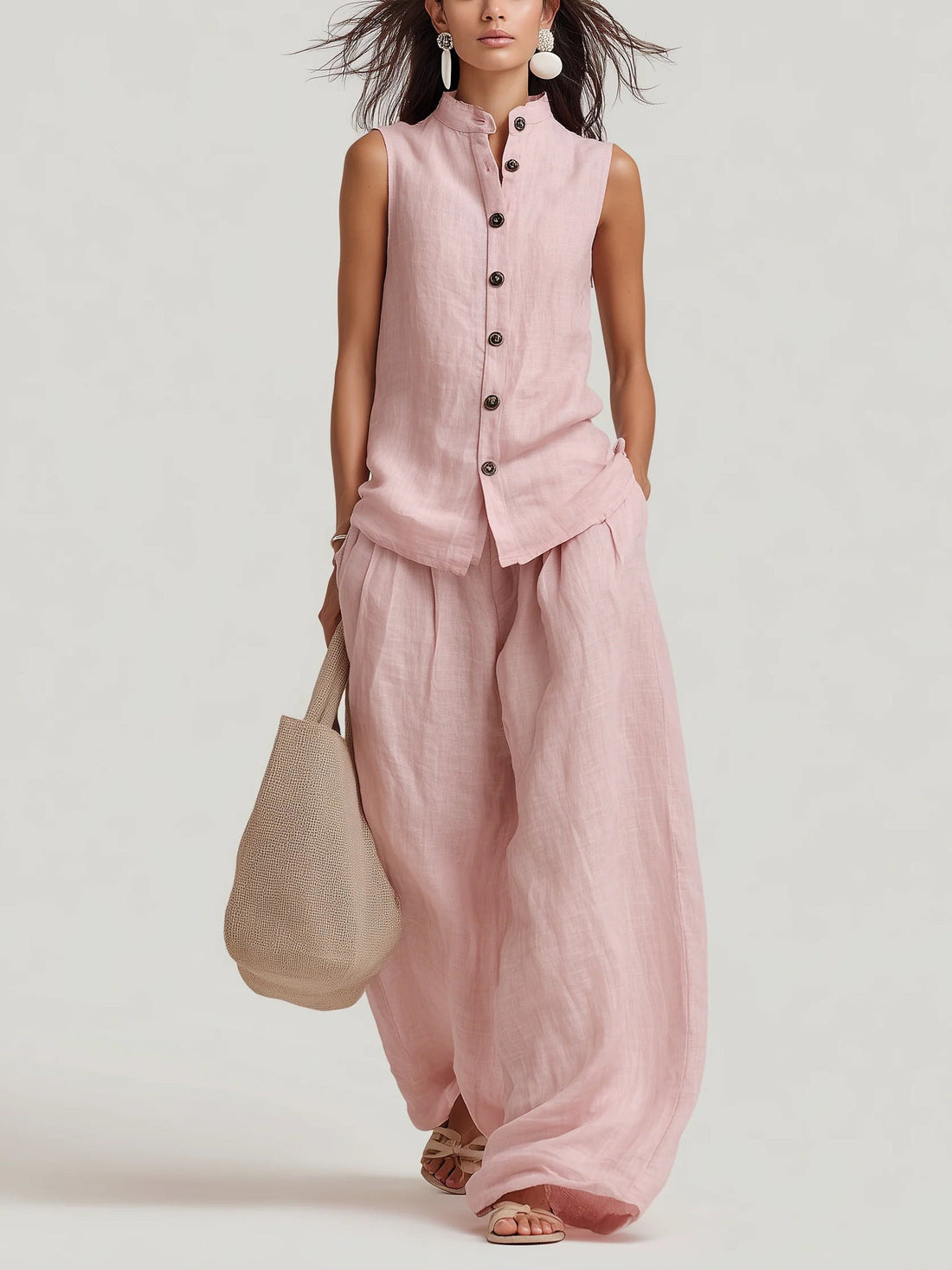 Women's Cotton-Linen Sleeveless Button-Down Vest and Wide Leg Set - Image 9