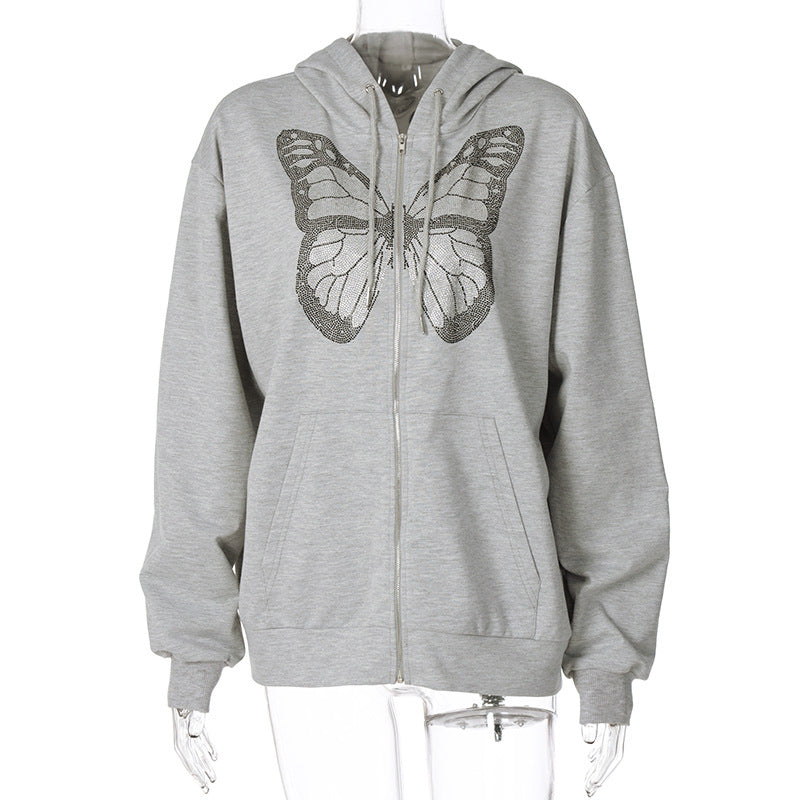 Women's Black & Grey Graphic Butterfly Long Sleeve Zip Hoodie - Image 5