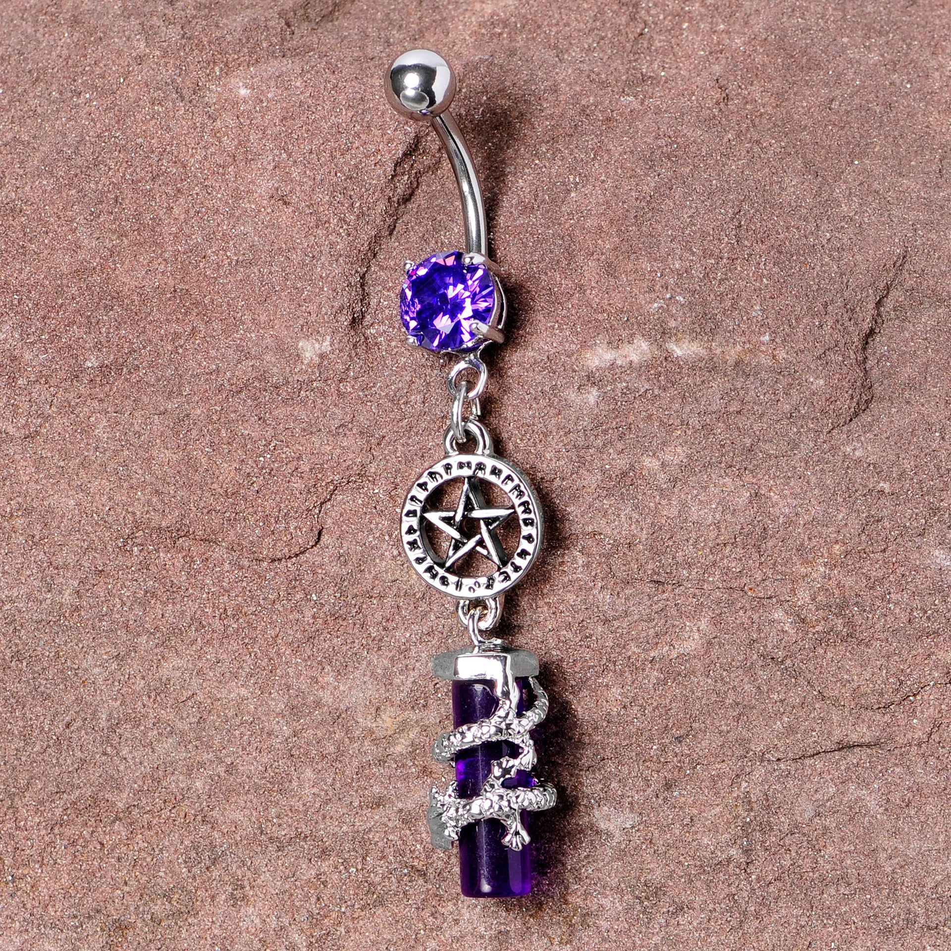 Purple CZ Gem Witch Way Dragon Pentagram Dangle Belly Ring