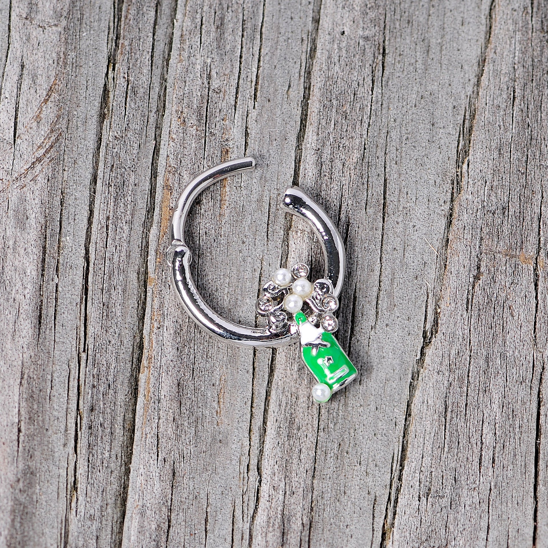 16G 3/8 Clear Gem Green Champagne Bottle Holiday Septum Clicker
