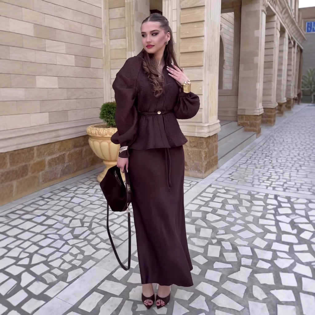 Women's V-Neck Puff Sleeve Belted Peplum Top & Maxi Skirt Set