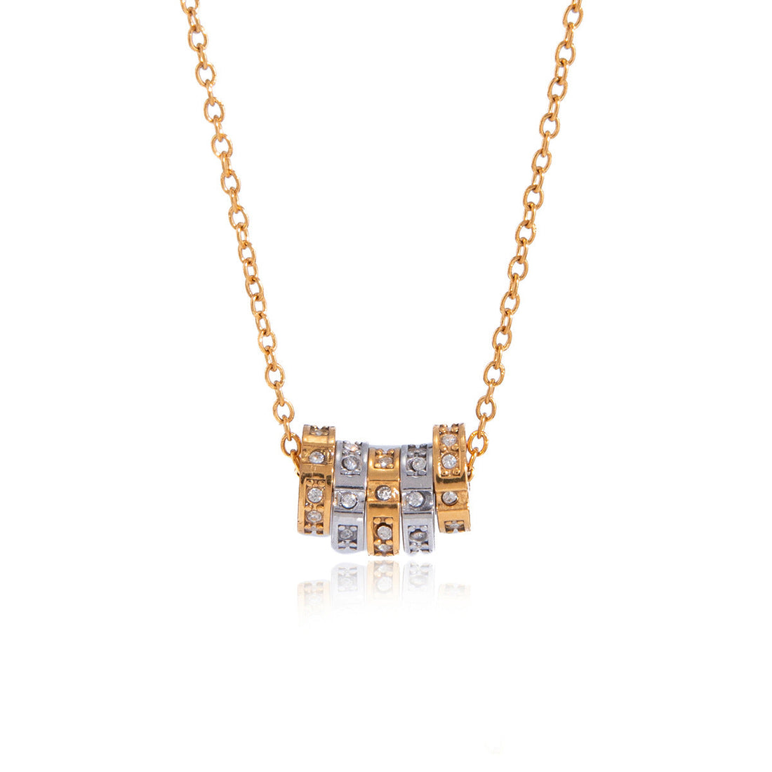 Minimalist stainless steel spinner pendant necklace featuring zircon accents in gold and silver finish.