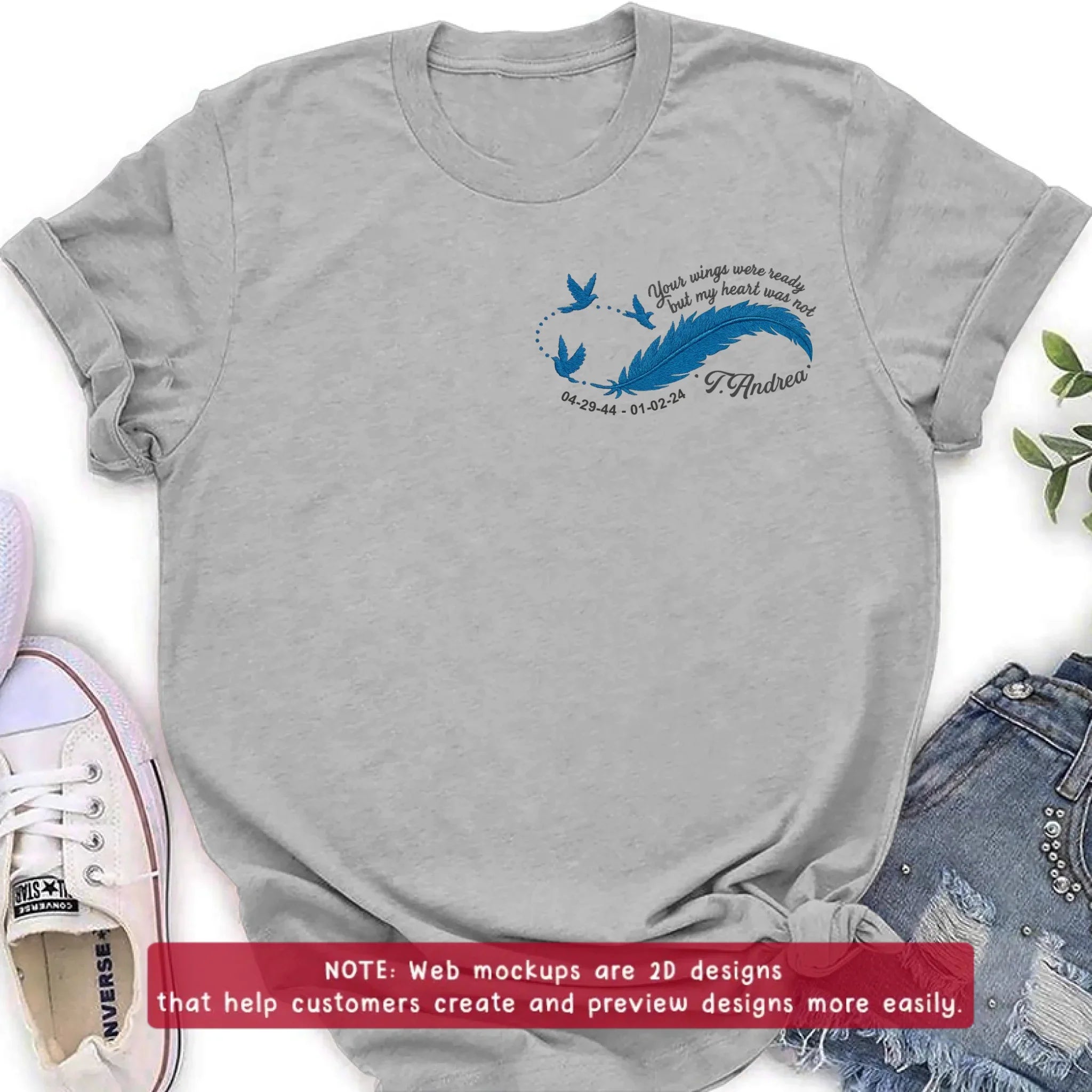 Custom Personalized Memorial Embroidered T-Shirt/ Sweater/ Hoodie - Memorial Gift Idea - Your Wings Were Ready But My Heart Was Not