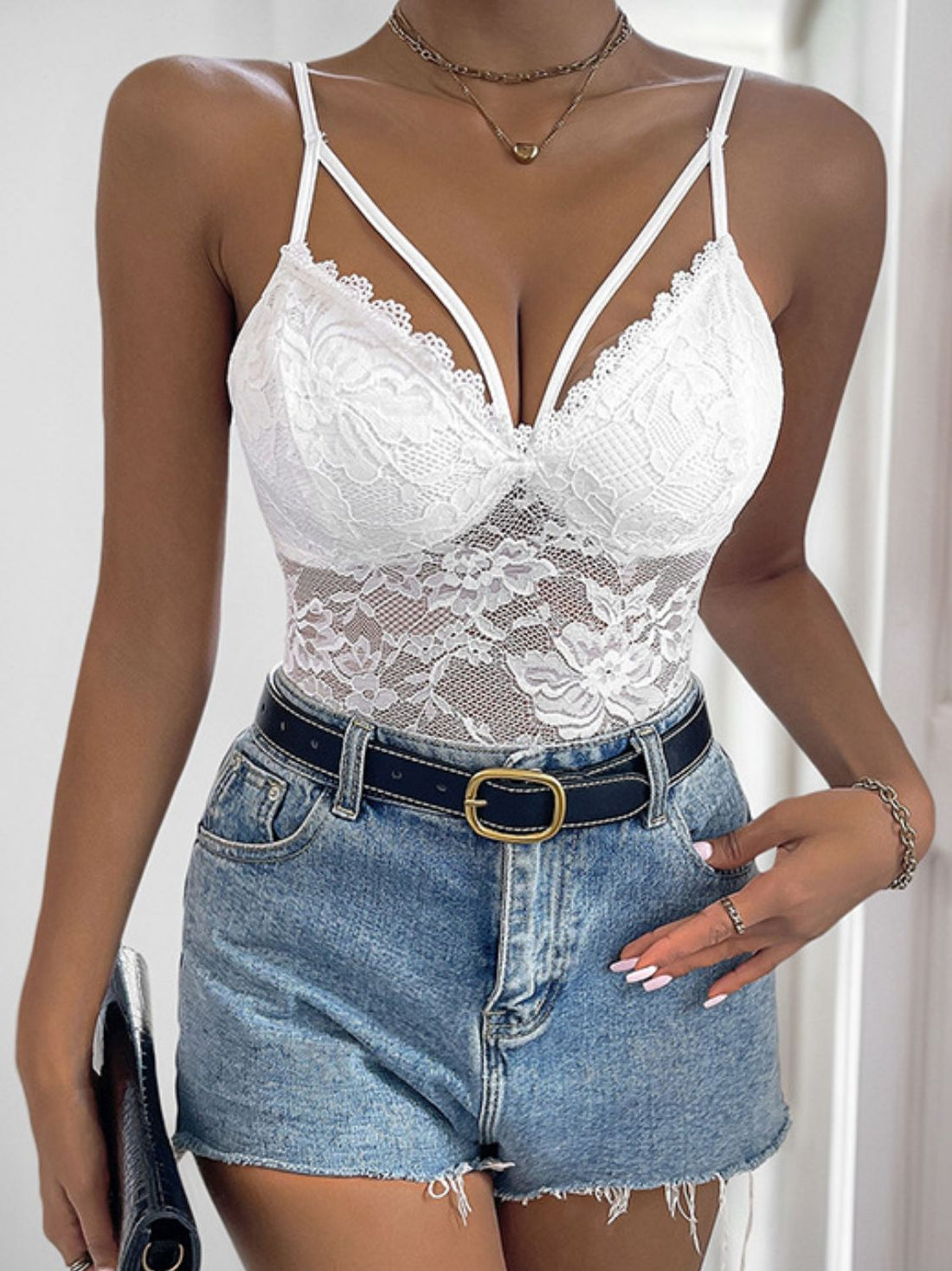 White Spaghetti Strap Lace Bodysuit Sheer Floral Stretchy Top