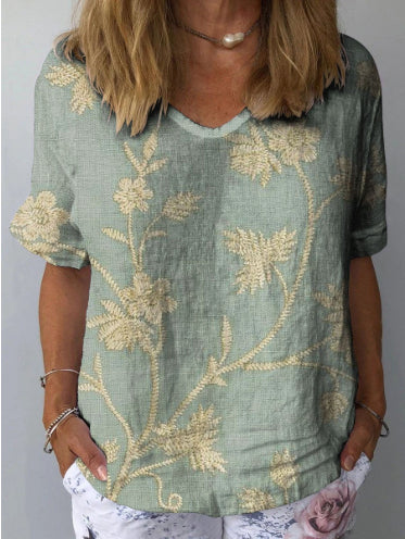 Artistic Retro Floral Print Pullover Top – Chinese Style Blouse