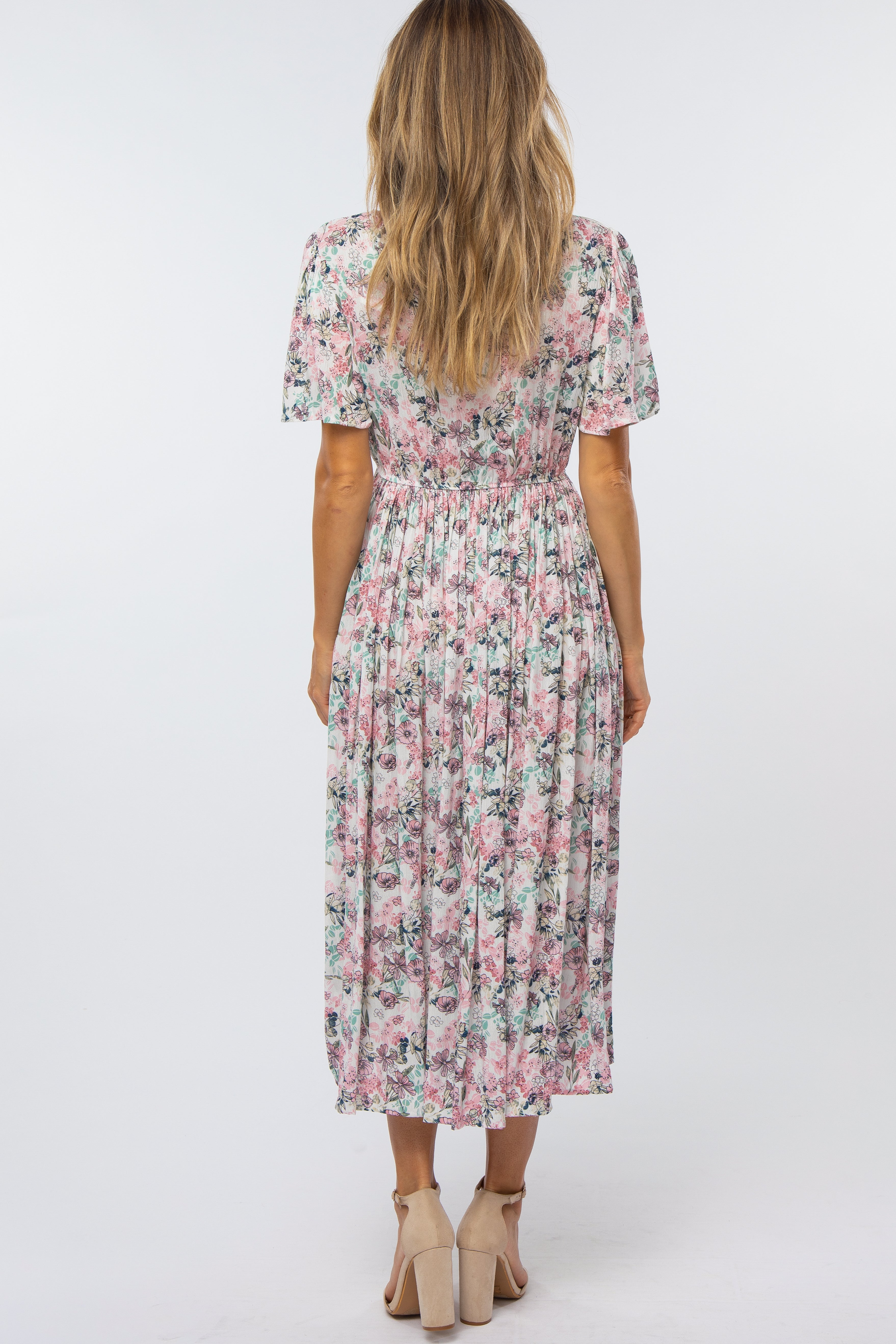 Pink Floral Pleated Midi Dress