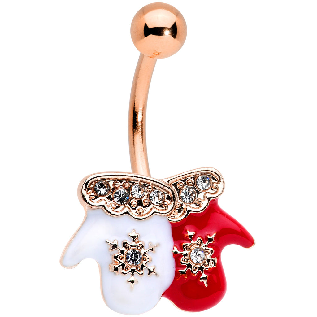 Rose gold tone belly button ring with a red and white mitten charm featuring snowflake accents and clear crystals