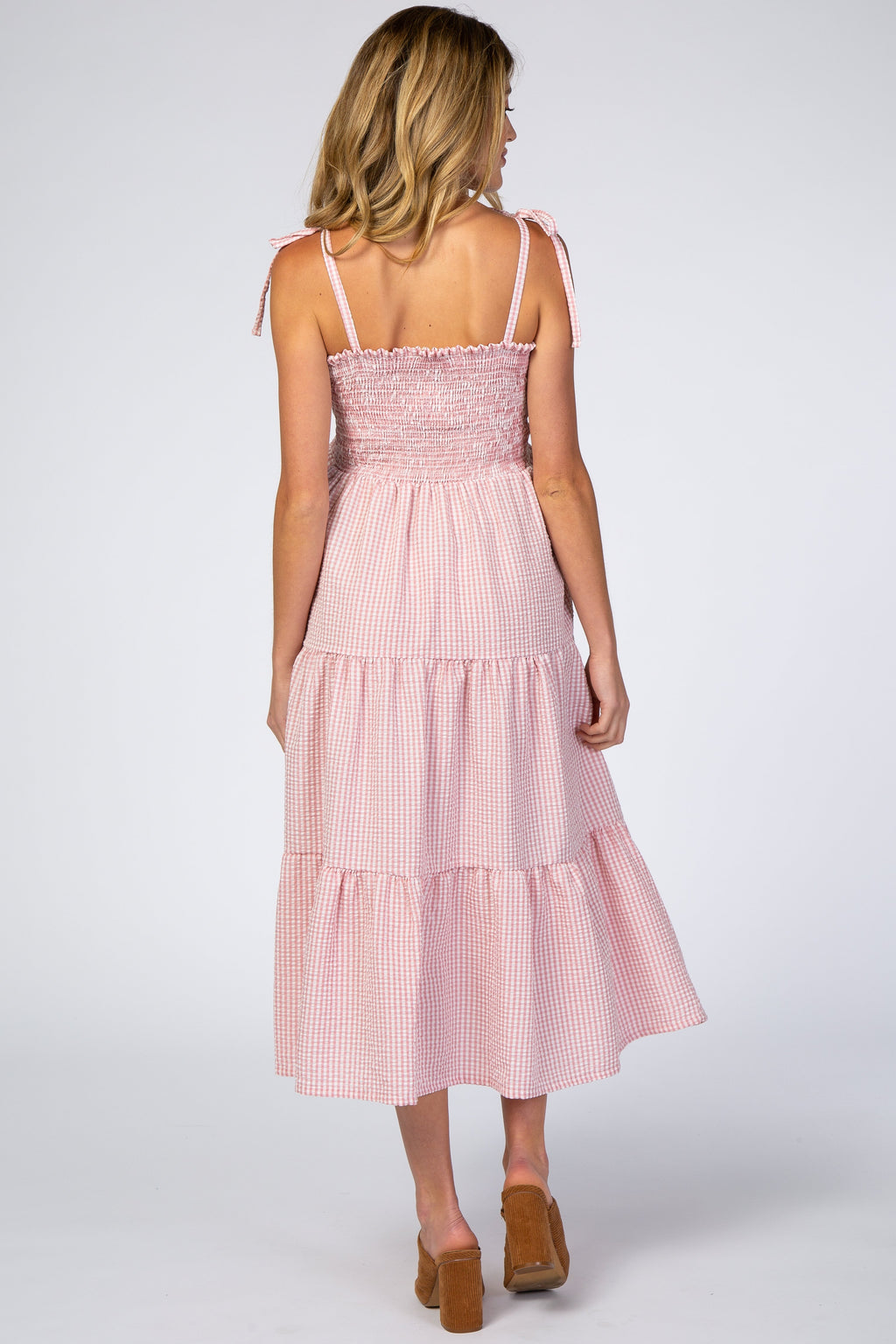 Pink Checkered Tiered Maternity Midi Dress