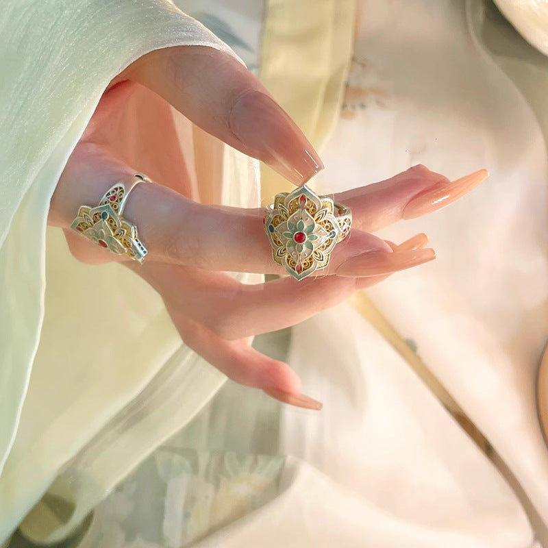 Misty Rain Gold-Embellished Enamel Peony Chinese-Style Hollow Open Ring