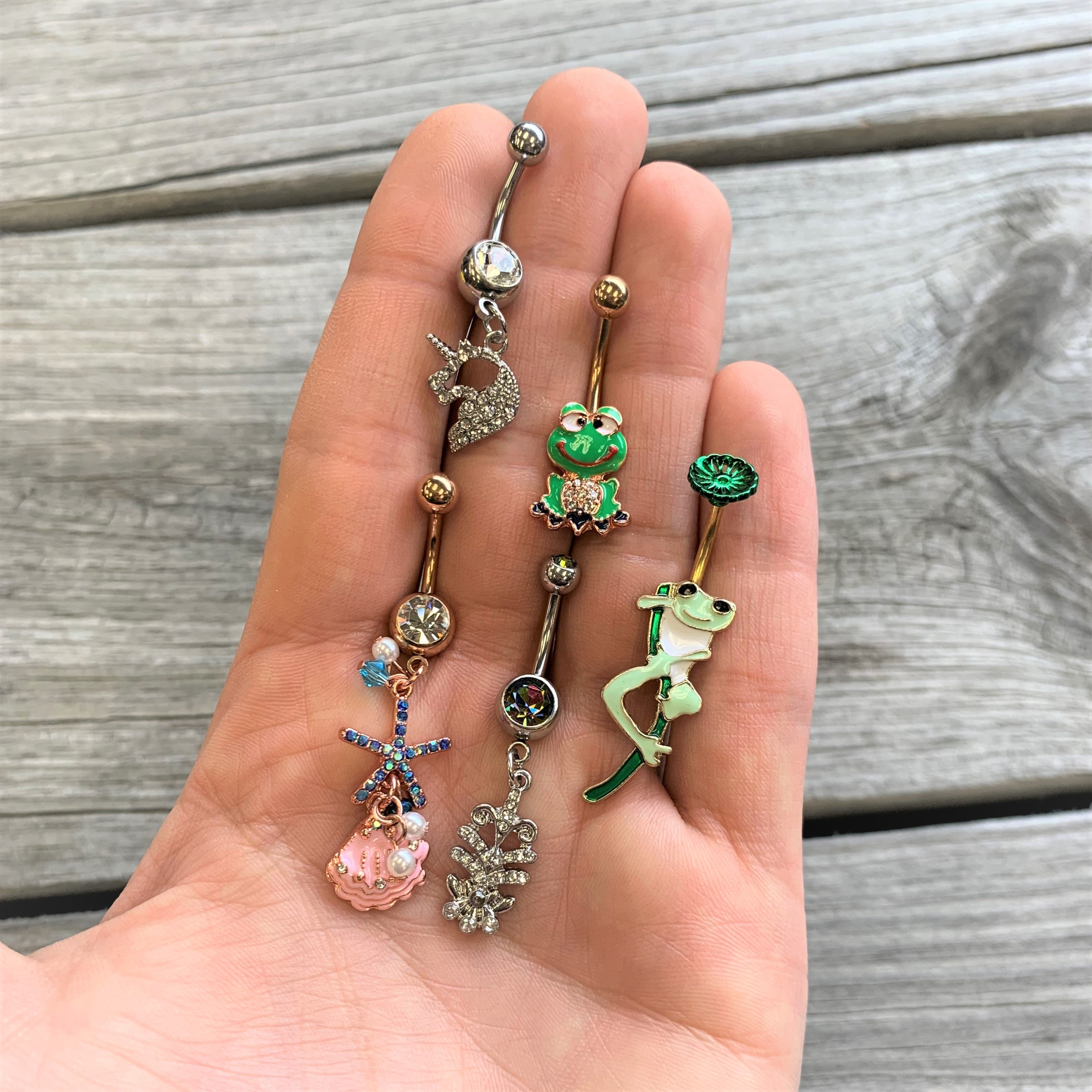 Clear Gem Rose Gold Tone Green Goofy Frog Belly Ring