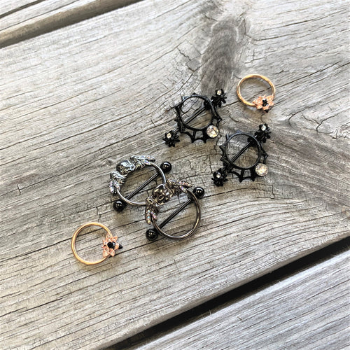 14G 9/16 Clear Gem Black Spider Web Nipple Shield Set
